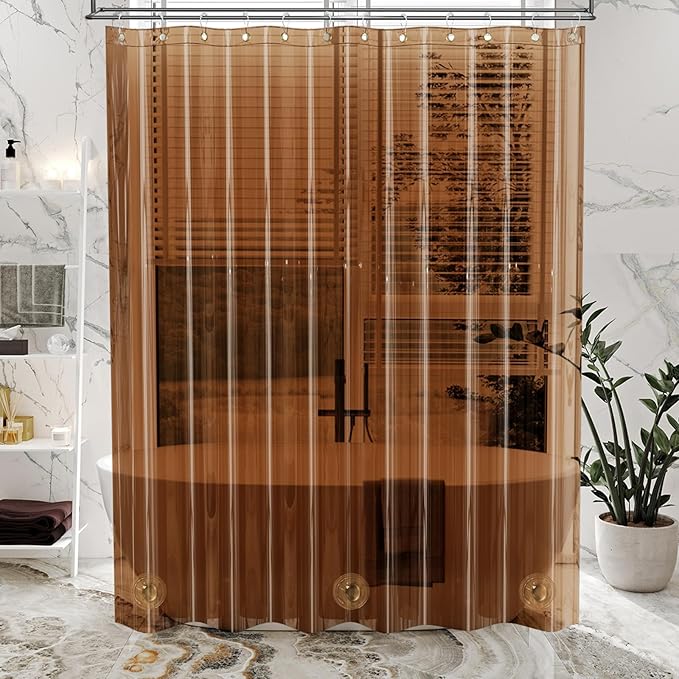 AmazerBath Premium EVA Shower Curtain Amber, Luxury Shower Curtain Clear Brown Jelly-Like Soft, Waterproof Clear Brown Shower Liner with 3 Weighted Stones and 12 Grommets, Recyclable Packaging