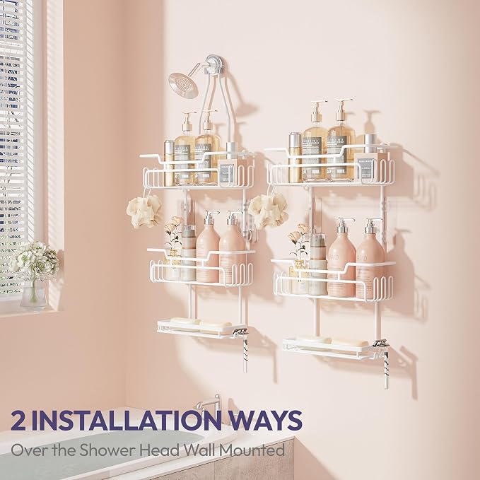 SWTYMIKI Bathroom Shower Caddy Hanging - 3 Tier Rustproof Over Shower Head Organizer, No Drilling Bathroom Shelf with 16 Hooks & Soap Holder, Anti-Swing Rack for Shampoo,Sponge,Towel, White, Medium