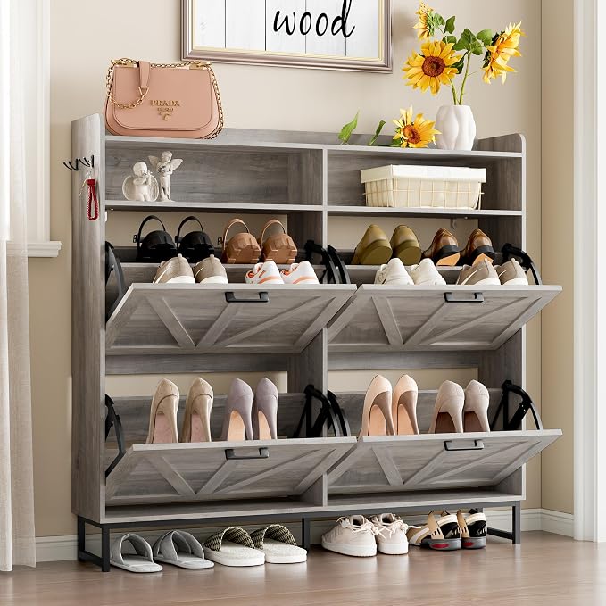 BORNOON Shoe Cabinet with 4 Flip Drawers Narrow Shoe Storage Cabinet Organizer Wooden Freestanding Shoe Rack Hidden Slim Shoes Storage Cabinet for Entryway, Hallway, Living Room, Bedroom