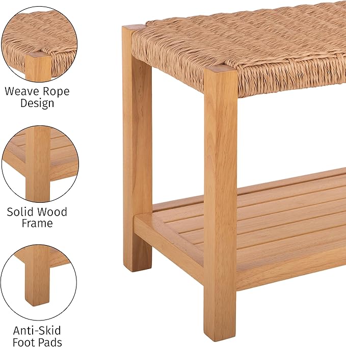 Alaterre Furniture Newport 40 Inch Solid Wood Entryway Bench - Modern Farmhouse Indoor Decorative Bench with Handcrafted Woven Rope Seat - Furniture for Entryway, Dining Room, or Kitchen (Light)
