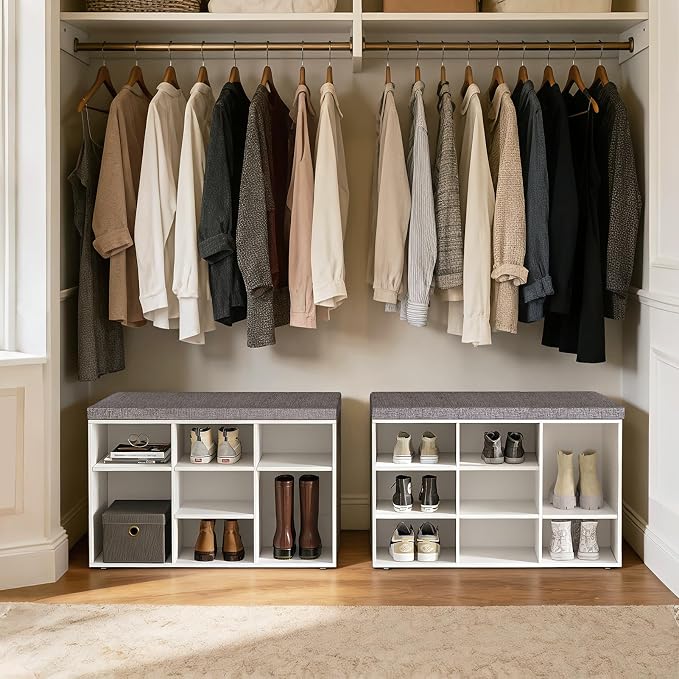 DINZI LVJ Shoe Storage Bench with Cushion, Cubby Shoe Rack with 9 Cubbies, Adjustable Shelves, Multifunctional Shoe Organizer Bench for Entryway, Mudroom, Hallway, Closet and Garage, White