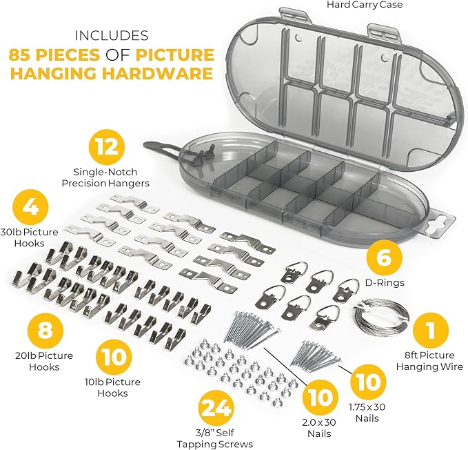 Go Hang It! Pro, All-in-One Picture Hanging Kit - Picture Leveling and Hanging Tool - Hang Sawtooth/Wire Hangers - Wall Hanging Kit and Level Tool - Hardware Case with 85-Piece Hanging Essentials