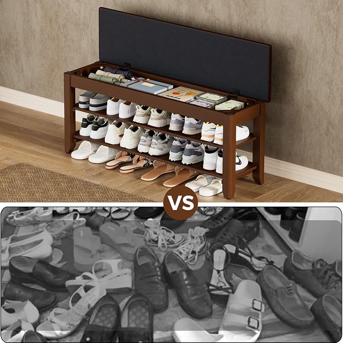 Homleke Shoe Rack Bench with Flip-Top Storage, Solid Wood Entryway Bench with Cushion, Adjustable Shelf, for Hallway, Mudroom, Closet – Walnut, 39.4"