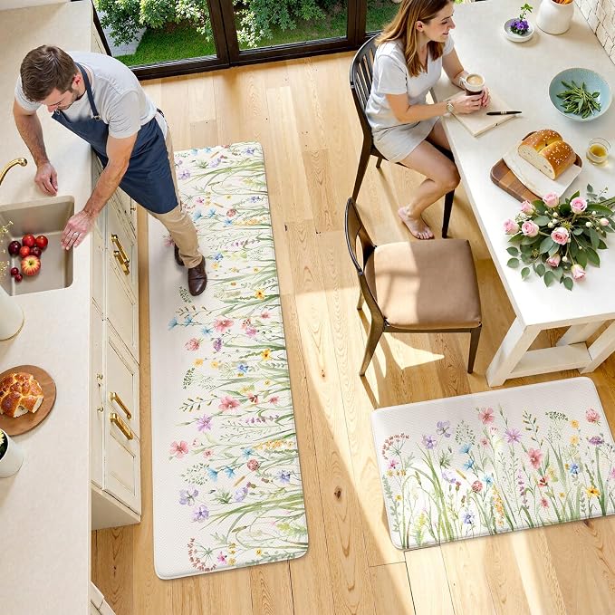 KIMODE Anti Fatigue Kitchen Mats for Floor 2 Piece, Cushioned Floral Kitchen Rugs, Memory Foam Kitchen Floor Mats, Summer Standing Desk Mats for Laundry Office Sink White 20"x71"+20"x32"