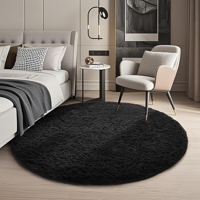 Ophanie Round Rug 4Ft Black Circle Area Rug, Room Decor for Men, Fluffy Fuzzy Bedroom Carpet, Plush Soft Shaggy Living Room Rugs for Kids Home Aesthetic, Nursery