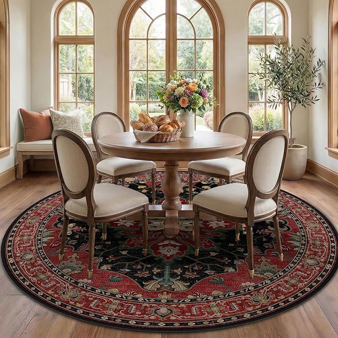 RELEANY Area Rugs Round 7ft Washable Non-Slip, Floral Vintage Distress Medallion Carpet for Living Room Bedroom Dining Room, Red Black
