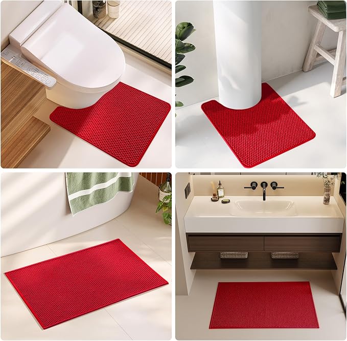 TYUU Small Christmas Bathroom Rugs, Non Slip Washable Bath Rugs Super Absorbent Bathroom Rug Thin Quick Dry Low Pile Bath Mats, Red 12"x12"