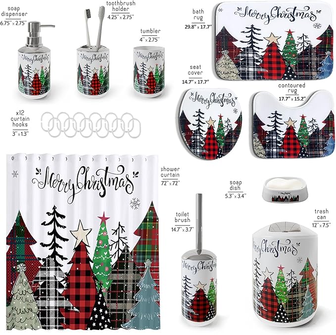 Clara Clark Bathroom Set - Christmas Bathroom Sets with Shower Curtain and Rugs, Xmas Bathroom Accessories Set, 22PC Christmas Shower Curtain Set with Liner, Soap Dispenser, Toilet Brush, & Trash Can