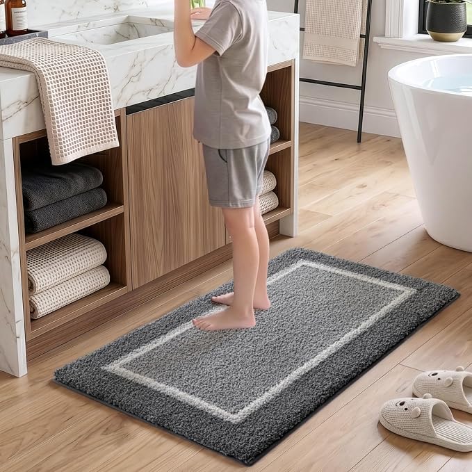 DEXI Bathroom Rugs 43x24, Absorbent Extra Soft Plush Microfiber Bath Mat for Bathroom, Non Slip Washable Bathmat Quick Dry for Shower Floor, Sink, Tub, Laundry Room, Light Grey