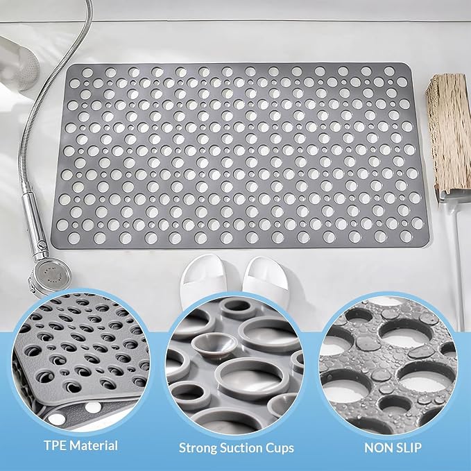 Non Slip Bathtub and Shower Mat, 30x17 in (75x43 cm), Soft Bath Tub Mat with Suction Cups and Bigger Drain Holes, Machine Washable & Quick Easy Dry, Non Slip Bath Mats for Inside Shower, Gray