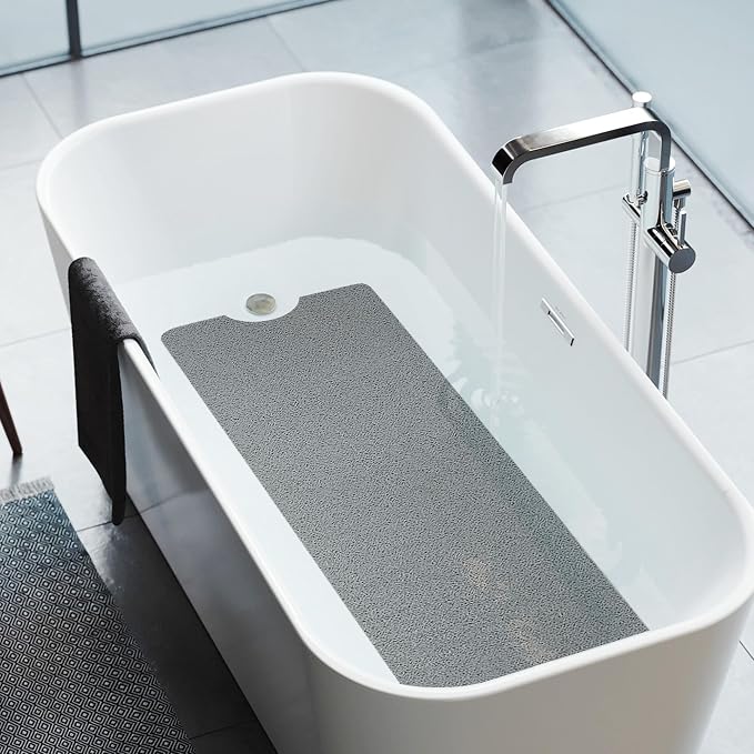HITSLAM Non Slip Bathtub Mat 40 x 16 Inch, Extra Long Bath Mat for Tub, Soft PVC Loofah Shower Floor Mat with Drain, Quick Drying Bathroom Tub Mat for Wet Area, Without Suction Cup, Grey