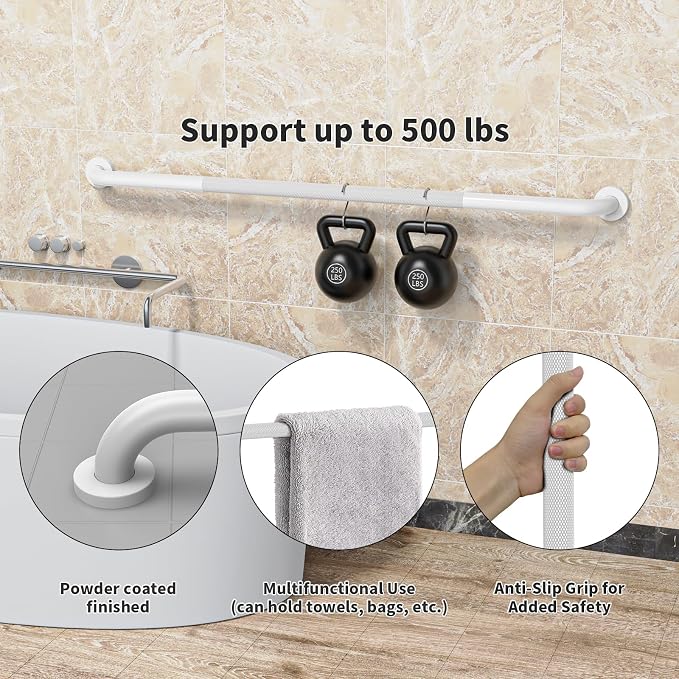 48 Inch Anti Slip Shower Grab Bar, Munzong Bathroom Grab Bar for Showers, White Knurled Handicap Balance Bar,Safety Hand Rail Support Elderly Senior Assist Bath Handle