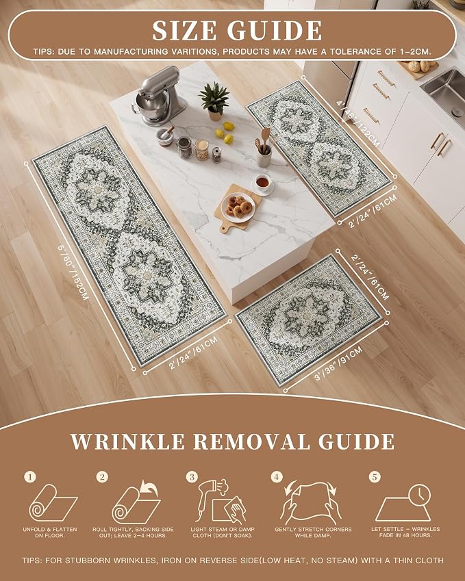 Madane 2-Piece Kitchen Runner Rug Set, Small Area Rug Non-Slip Vintage Door Mat Indoor Entrance, Low Pile Floor Carpet for Inside Front Door Bedroom Entryway Entry Laundry (2x3+2x4, Black)