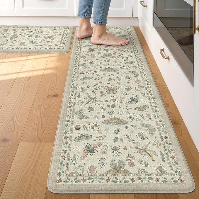 LEEVAN Anti Fatigue Mats for Kitchen Floor Non-Slip, Cushioned Kitchen Mats for Floor 17.3''x29''+17.3''x59'', Tan Memory Foam Kitchen Mat Set