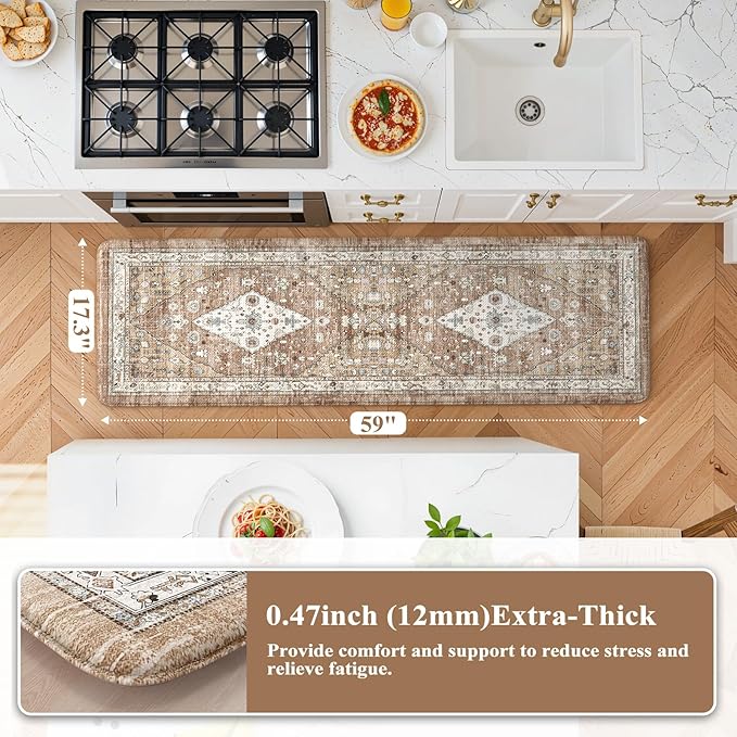 Collive Farmhouse Kitchen Mats, Cushioned Anti Fatigue Mats for Floor, Non Skid Waterproof Kitchen Rugs Cream/Brown Farmhouse Standing Desk Mat for Kitchen Sink, Laundry, Office-17.3" x 59"