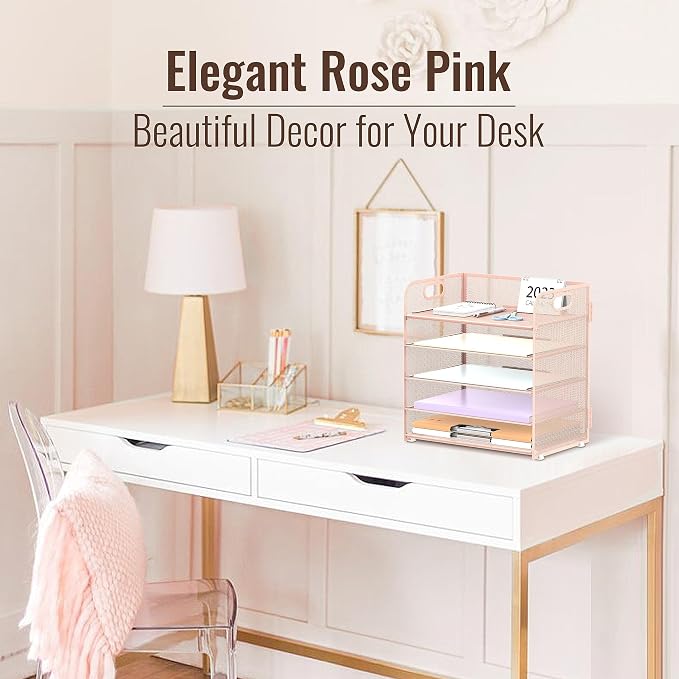 2 Pack 5-Tier Pink Desk Organizer with Handle Mesh Desk File/Paper Organizer Letter Tray for Office, School, Classroom and Home Easy Installation