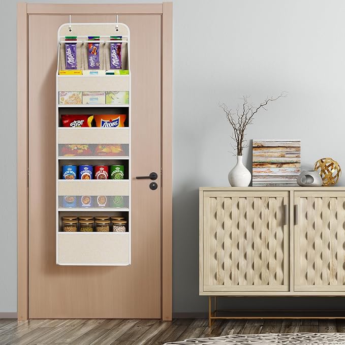 Univivi 5-Shelf Over Door Hanging Organizer Fabric Door Storage with 4 Large Pockets and 3 Small PVC Pockets Wall Mount Hanging Storage Organizers for Baby Nursery (Beige Pattern)
