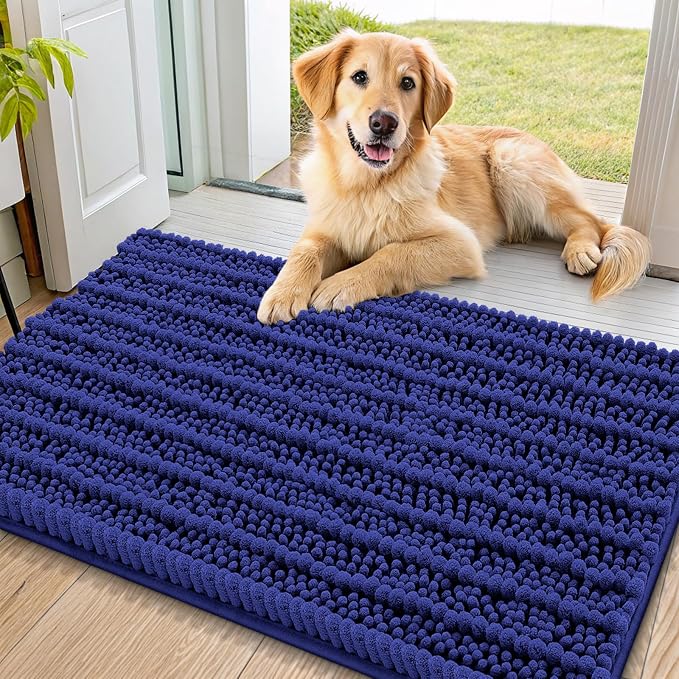 Smiry Dog Door Mat for Muddy Paws 36x24, Absorbent Dirt Trapper, Non-Slip Washable Chenille Entryway Rug for Inside Floor, Navy Blue, Layered Pattern