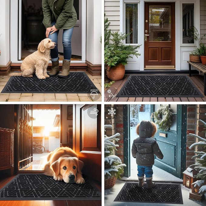 Smiry Front Door Mat Outside Entrance, Heavy Duty Sturdy Natural Rubber Doormat, Trap Dirt and Moisture, Easy Clean Low Profile Mats for Indoor Outdoor Entry, Grid Geometric (47x32, Black)
