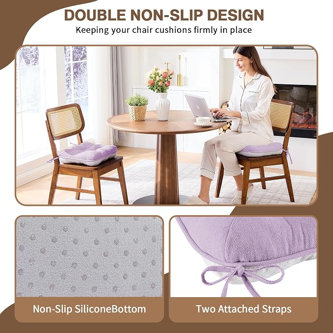 BETU Chair Cushions for Dining Chairs Set of 6,3.5" Thick Kitchen Table Chair Pads with Ties,Non Slip Backing and Covers, Seat Cushion for Dining Room,Bar,Patio Chairs,15.5"X15.5"X3.5",Purple