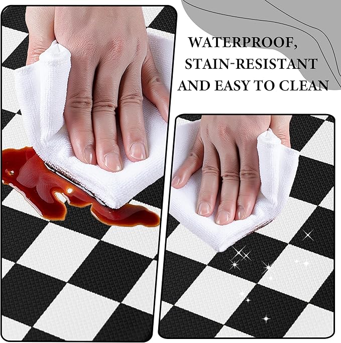Black Checkered Grid Checkerboard Kitchen Rug Sets [3 PCs], Anti-Fatigue, Waterproof Non-Slip Kitchen Mats Heavy Duty Ergonomic Comfort Foam Rug for Floor, Home, Laundry,17" Wx29/47/59“L