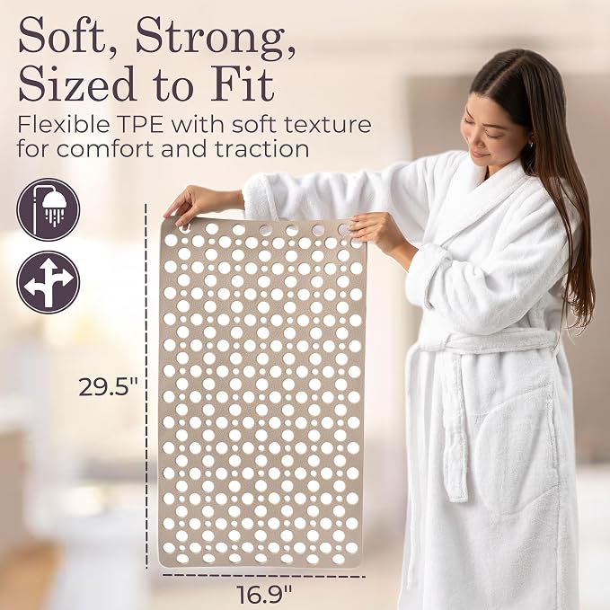 Beige Non Slip Shower Mat and Bathtub Mat TPE Strong Suction Cups Aesthetic Bath Mat for Inside Shower with Soft Texture, Quick-Dry Drain Holes, Spa-Inspired Design 30x17” (75x43 cm)
