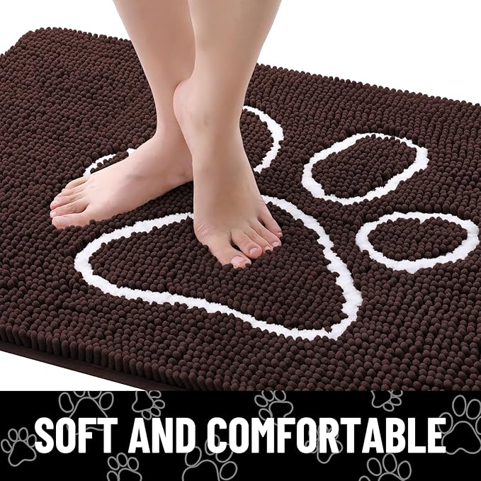 Smiry Dog Door Mat for Muddy Paws, Absorbent Dirt Trapper Non Slip Quick Dry Washable Chenille Mat for Mud Dogs, Entry Rug for Indoor and Outdoor (44x24 Inches, Brown and White)