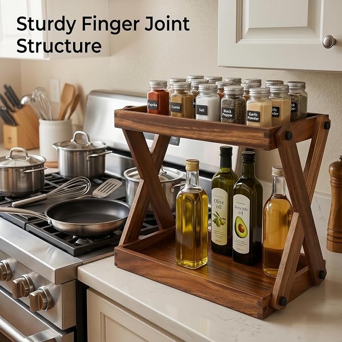 Wood Countertop Shelf Organizer, 2 Tier Wooden Shelf for Coffee Bar Accessories, Kitchen Spice Rack Organizer, Condiment Storage Caddy for Home, Office, Bathroom counter