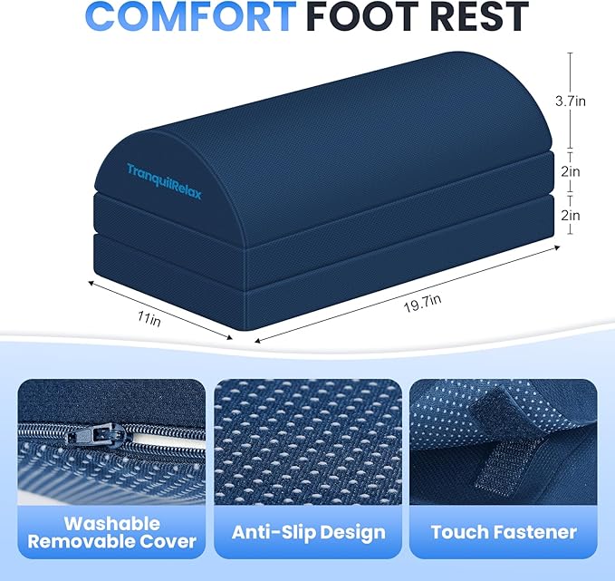 TranquilRelax Foot Rest for Under Desk at Work, Gaming Accessories Foot Stool with 3 Adjustable Heights & Washable Cover, Comfortable Office Desk Accessories, Footrest for Office, Home and Car (Blue)
