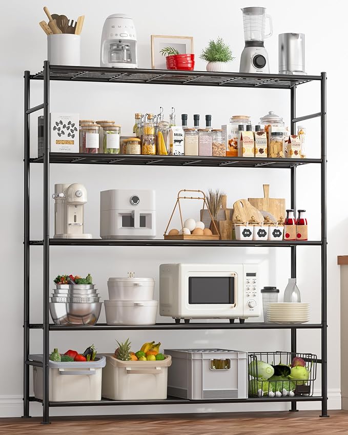 Sakugi Storage Shelves - 5 Tier Shelf Organizer, Sturdy Metal Garage Shelving with Adjustable Leveling Feet, Space-Saving Shelves Organizer for Pantry, Laundry, Kitchen (47" x 12" x 60", Black)