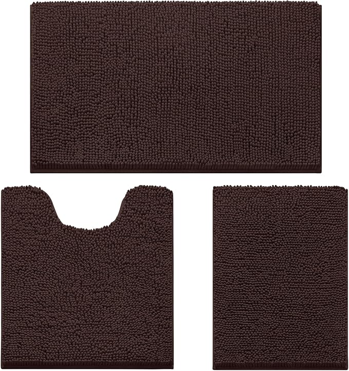 HOMEIDEAS 3 Pieces Bathroom Rugs, Ultra Soft Non Slip Absorbent Chenille Toilet Bath Mat Set (Brown)