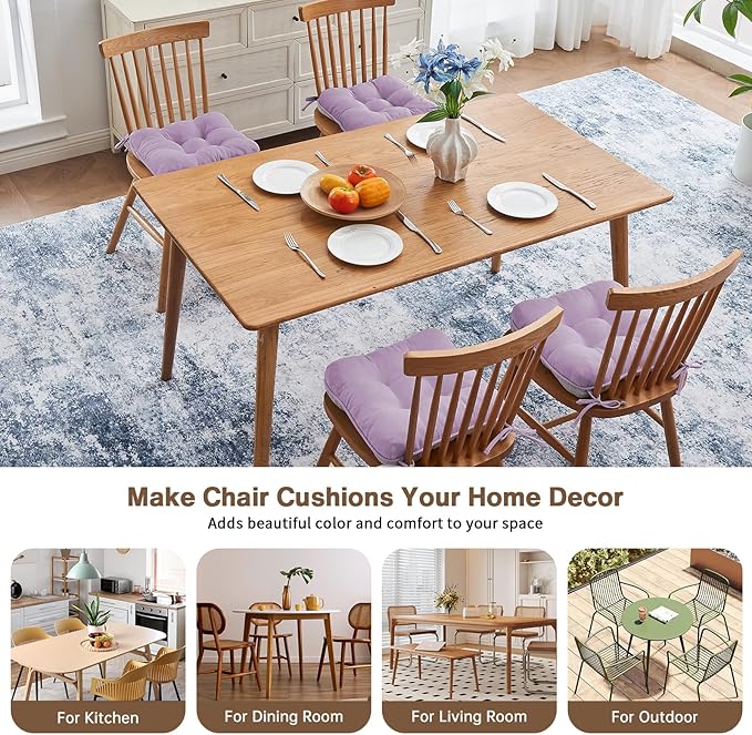 BETU Chair Cushions for Dining Chairs Set of 4,3.5" Thick Kitchen Table Chair Pads with Ties,Non Slip Backing and Covers, Seat Cushion for Dining Room,Bar,Patio Chairs,15.5"X15.5"X3.5",Purple