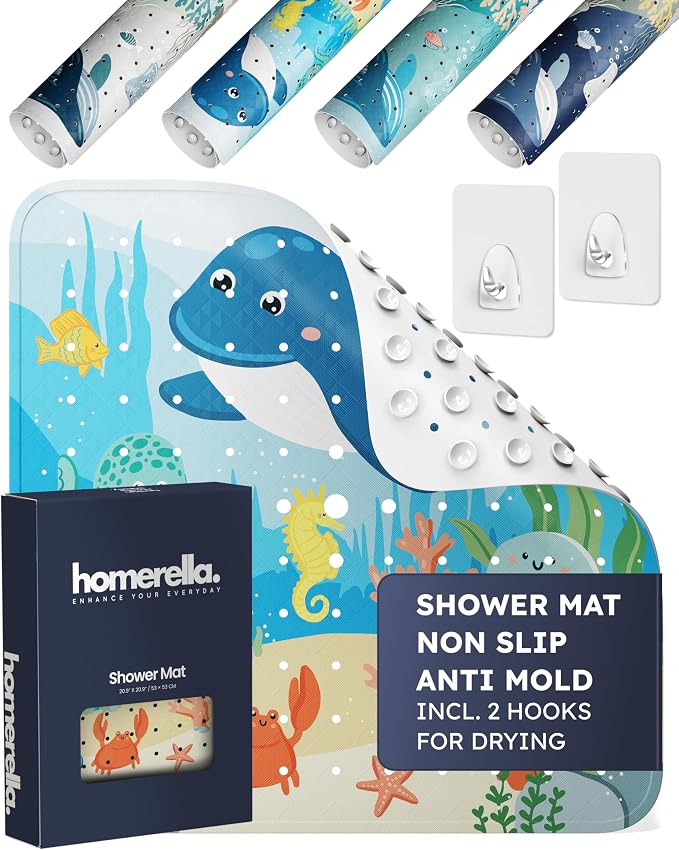 homerella® Shower Mat Non Slip Anti Mold, Non Slip Shower Mats for Inside Shower Stall Anti Slip Mat, Square Shower Floor Mat 21 x 21 in with Suction Cups & Hooks for Quick Drying, Machine Washable