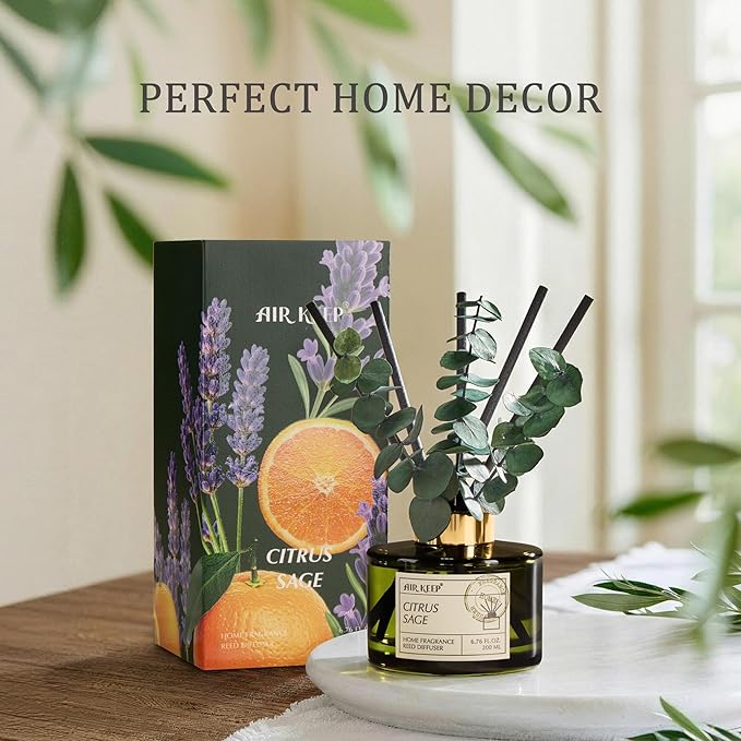 Airkeep Reed Diffuser Set with 6.76 fl oz Citrus&Sage Scent Essential Oils and 3 Leaves & 8 Diffuser Sticks,Bathroom Shelf Decor & Air Freshener, House Bedroom Office Decor & Gifts