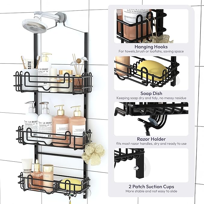 SWTYMIKI Shower Caddy Hanging Organizer - 3-Tier Rustproof Shower Organizer Over Showerhead with Adjustable Baskets, 24 Hooks, Soap & Razor Holder - No Drill Large Bathroom Storage Rack, Black