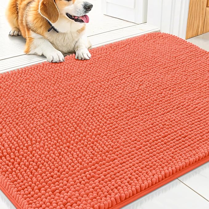 Smiry Dog Door Mat for Muddy Paws 30x20, Absorbent Dirt Trapper, Non-Slip Washable Chenille Entryway Rug for Inside Floor, Coral, Classic Solid