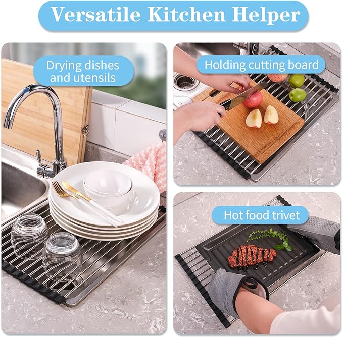 Seropy Roll Up Dish Drying Rack Over the Sink Drying Rack for Kitchen Counter, Rolling Dish Rack Over Sink Mat, Foldable Dish Drainer Stainless Steel Rack Kitchen Organization Gadgets 17.5"x11.8"
