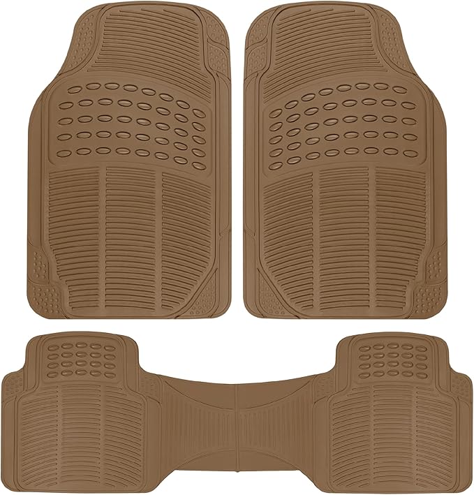 BDK ProLiner Car Floor Mats for Cars Trucks SUV, 3-Piece All-Weather Heavy Duty Rubber Liners with Universal Trimmable Fit, Durable Waterproof Vehicle Auto Floor Mats with Capture Ridges Biege