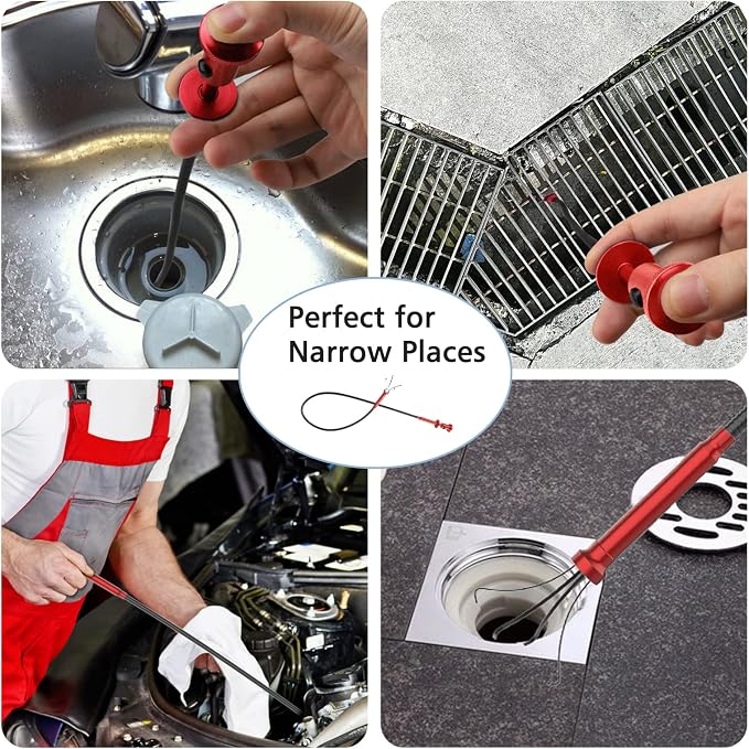 Housolution 28.34in Grabber Tool Magnetic Four-Claw Picker, Bendable Hose Reacher Pickup Sweeper with LED Light Battery, Flexible Long Handy Reaching Assist Tool for Litter Pick/Home Sink/Drain, Red