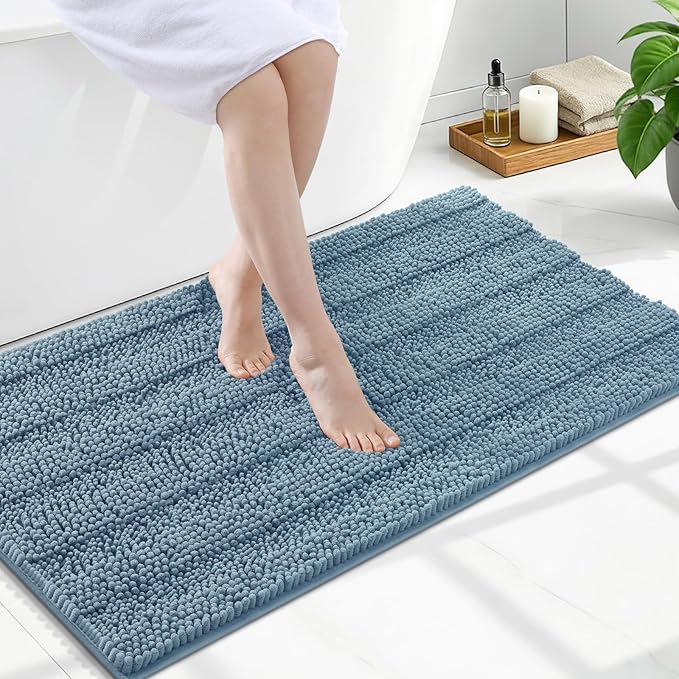 Grandaily Chenille Striped Bathroom Rugs 47x24, Extra Thick and Soft Absorbent Bath Mats, Rubber Backing, Plush Shaggy Shower Carpet, Machine Wash Dry, Bath Rug for Bathroom, Airy Blue