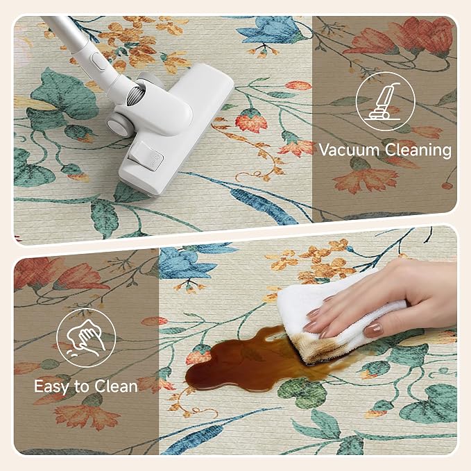 PureCozy Kitchen Mats 2PCS Anti Fatigue Cushioned Mat Non Slip Floral Boho Kitchen Mats for Floor Waterproof Comfort Standing Beige Rug for Sink Laundry Office Desk 17.3"x47"+17.3"x30"