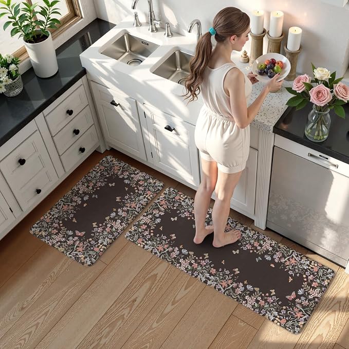 KIMODE Anti Fatigue Kitchen Mats for Floor, Farmhouse Black Kitchen Rugs Sets of 2, Summer Cushioned Kitchen Floor Mats, Comfort Standing Mats for Sink Laundry Office Desk 17"x47"+17"x29"