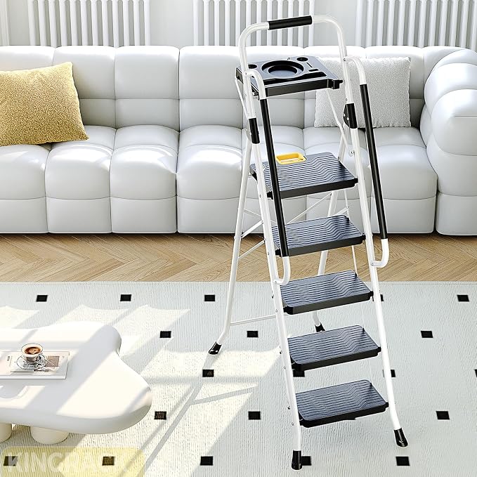 KINGRACK Folding 5-Step Ladder, 800 lbs Capacity Step Stool with Safety Lock, Tool Tray, Non-Skid Wide Steps, Handrail, Household Folding Ladder for Home, Garden, Painting, Outdoor, and Garage, White
