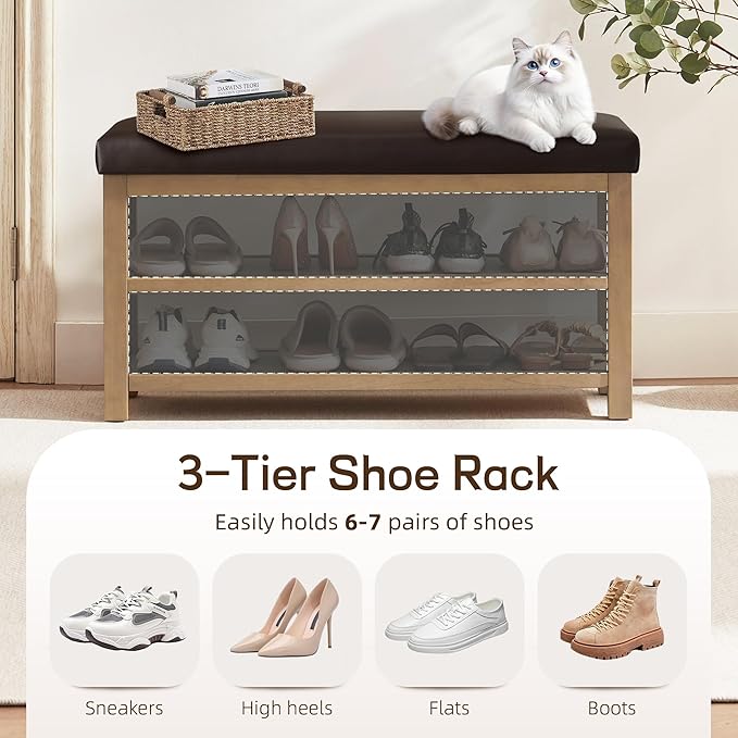 Zihanhome Shoe Rack Bench with Leather Cushion, 2 Tier Solid Wood Storage Bench, Mid-Century Modern Shoe Bench for Entryway, Hallway, Closet, Front Door Entrance, Foyer (Dark Brown, 31.5)