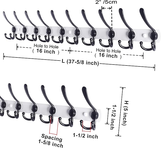 Dseap Coat Rack Wall Mount - 38” Long 10-Tri-Hooks Heavy Duty Coat Hanger Rail Wall Hooks for Hanging Coats Hats Clothing Clothes Purse Mudroom Entryway, White/Black, Pack of 2