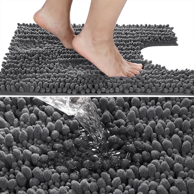 Yimobra Toilet Rug U Shaped Washable 24x24 Inch - Ultra Soft Absorbent Chenille Bath Rugs for Toilet, Quick Dry & Machine Washable, Non Slip Contour Bathroom Mat, Dark Gray