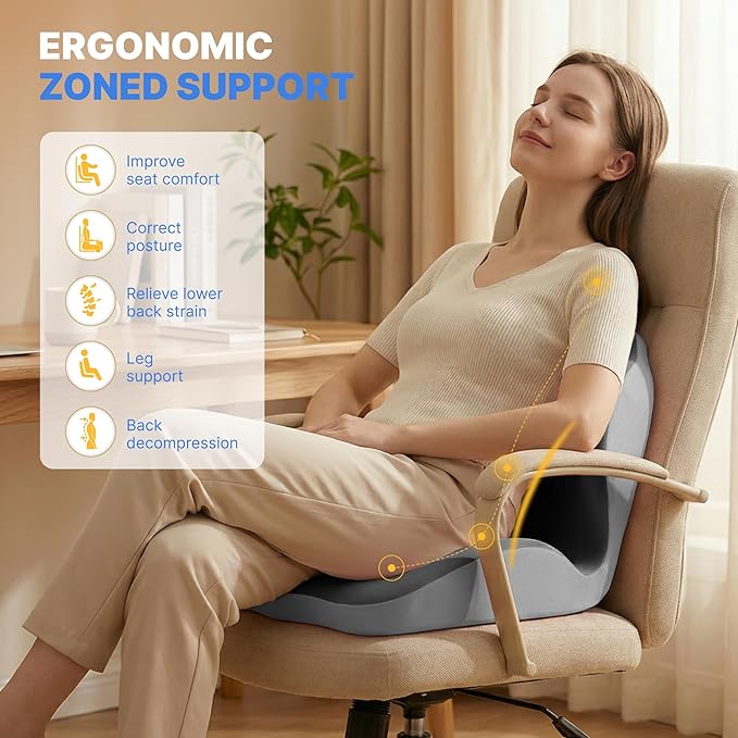 Ergonomic Seat Cushion, Office Chair Seat Cushions with L-Shaped Integrated Design, Memory Foam Orthopedic Cushion with Coccyx Hollow, Lumbar Support & Tailbone Pain Relief for Long Sitting (Grey)