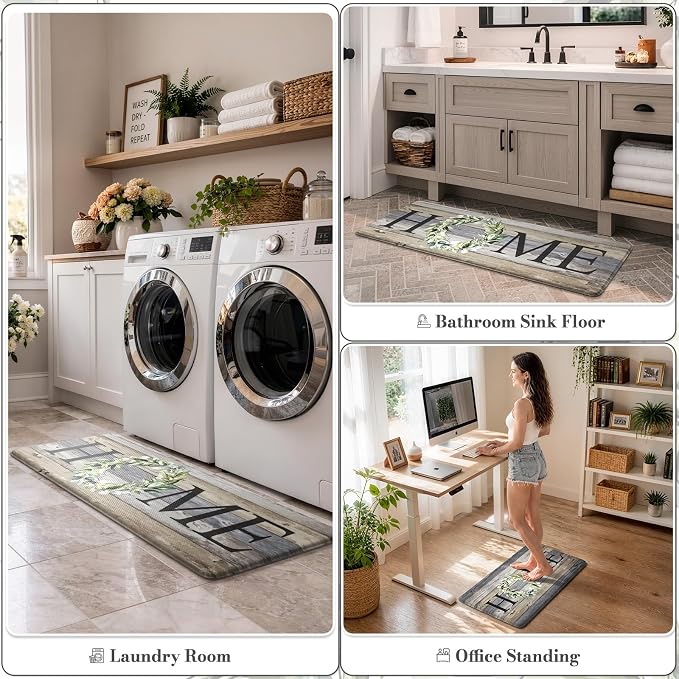 KIMODE Kitchen Mats for Floor 17"x47"+17"x29", Farmhouse Kitchen Rugs Sets of 2, Anti Fatigue Mats for Kitchen Floor, Cushioned Comfort Kitchen Floor Mats for Sink, Laundry, Desk Grey