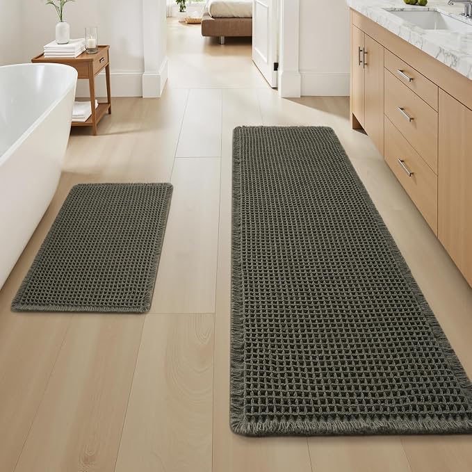 Upgraded Waffle Bath Mat Set of 2, Super Absorbent Non Slip Bath Mats for Bathroom Floor, Washable Boho Bathroom Rugs Set 2 Pieces with Tassels, Soft Bathroom Mat Set, Green, 17" x 24" Plus 17" x 48"