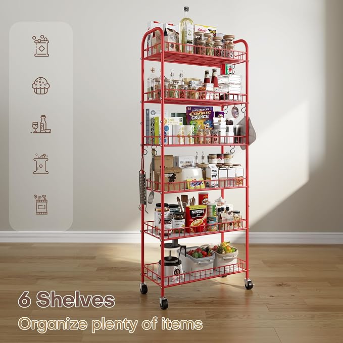 Slim Rolling Storage Cart, 6 Tier Metal Kitchen Rolling Utility Cart with Lockable Wheels for Kitchen, Bathroom, Laundry Room, Small Narrow Spaces (Red 10 Inches)